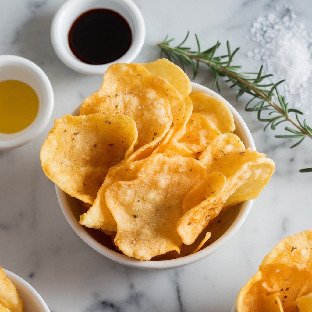 A bowl of golden salt and vinegar chips surrounded by vinegar, salt, and a sprig of rosemary on a marble table.