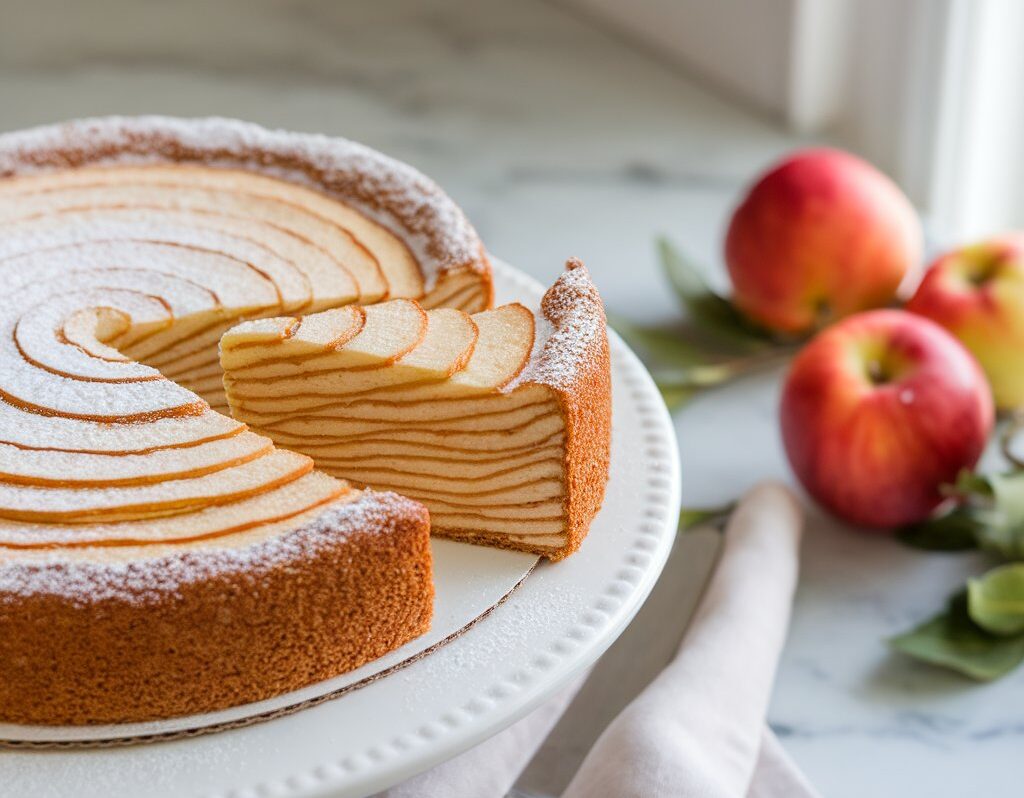 A baked invisible apple cake with thin apple layers, dusted with powdered sugar on a white cake stand.