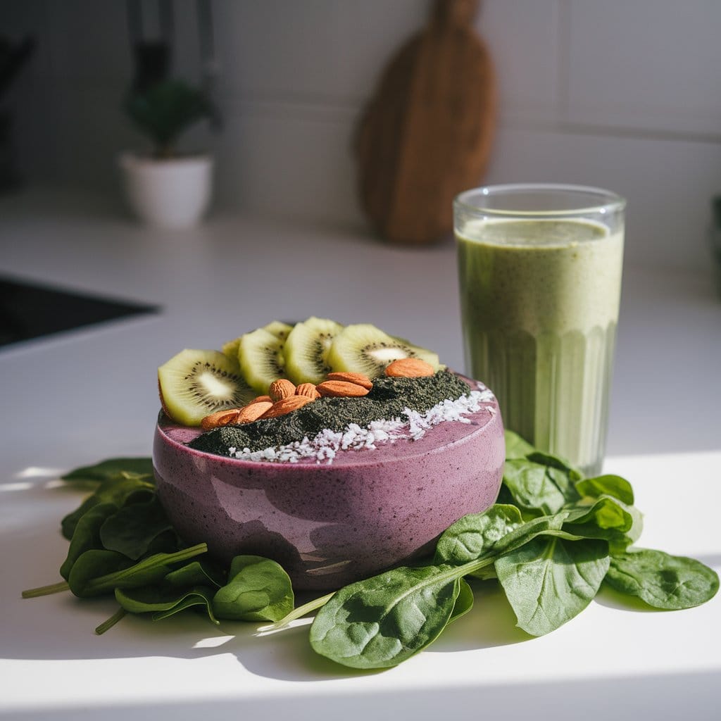 A nutrient-packed vitality bowl with a purple smoothie base, kiwi slices, spirulina, almonds, and coconut shreds.