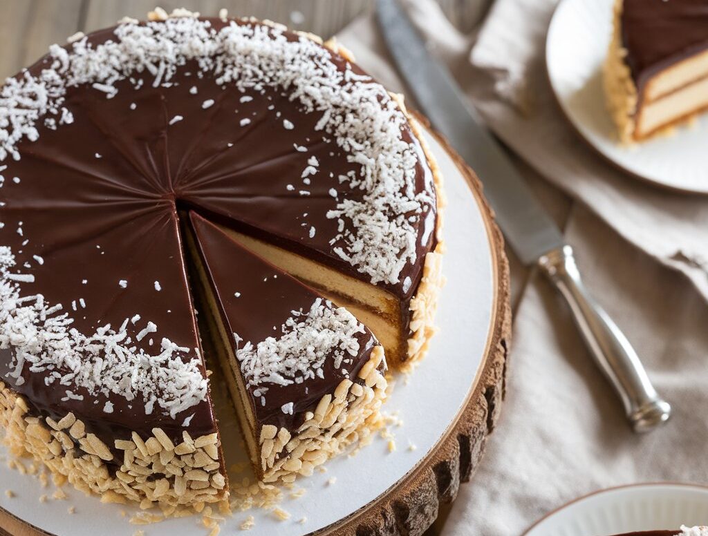 A close-up of a Mounds cake with glossy chocolate ganache and shredded coconut on a wooden cake stand.