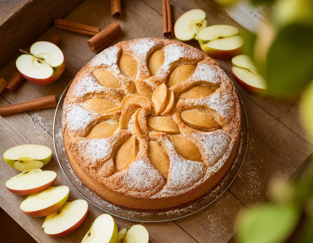 A freshly baked apple cake topped with powdered sugar and cinnamon on a rustic wooden table.