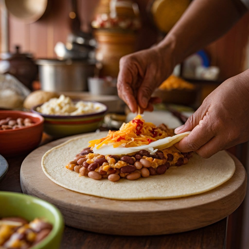 A traditional Honduran cook preparing a baleada by hand with fresh ingredients on a wooden board.