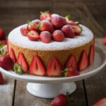 Gluten-free strawberry cake on a white stand, topped with fresh strawberries and powdered sugar.