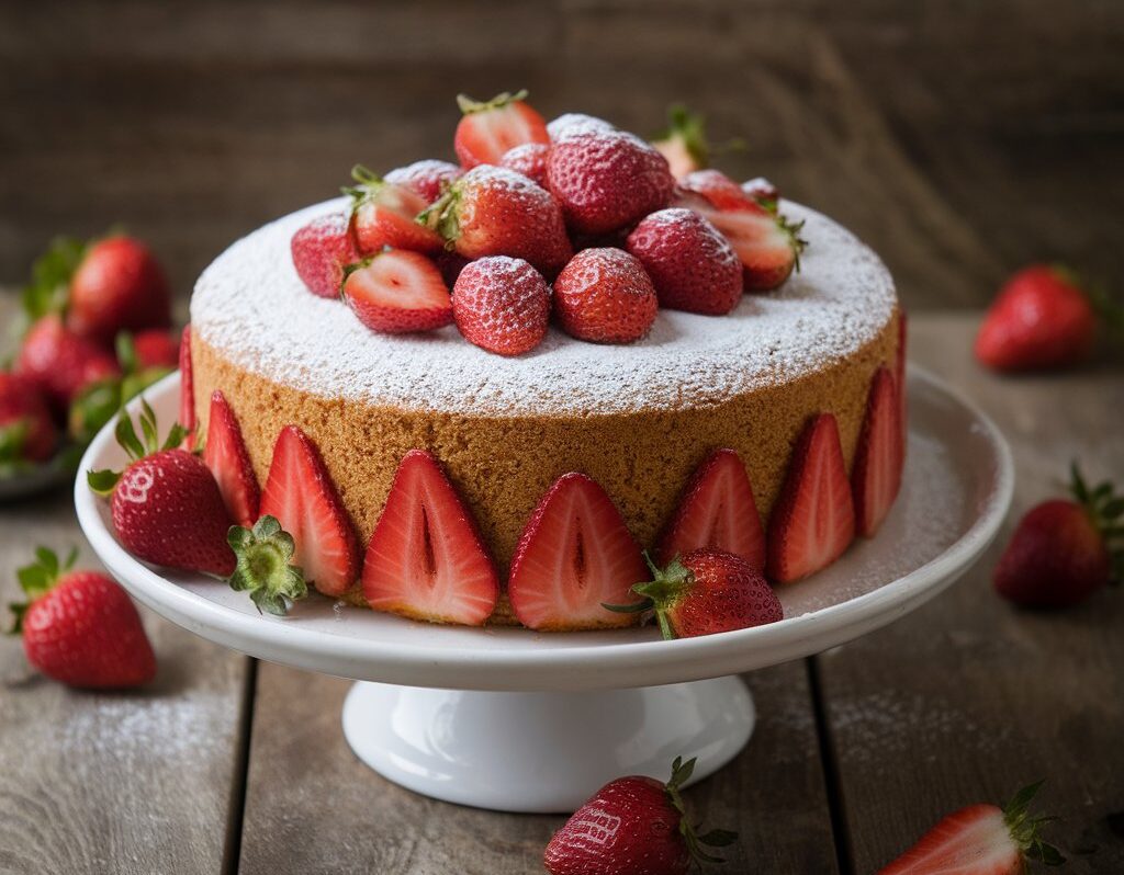 Gluten-free strawberry cake on a white stand, topped with fresh strawberries and powdered sugar.