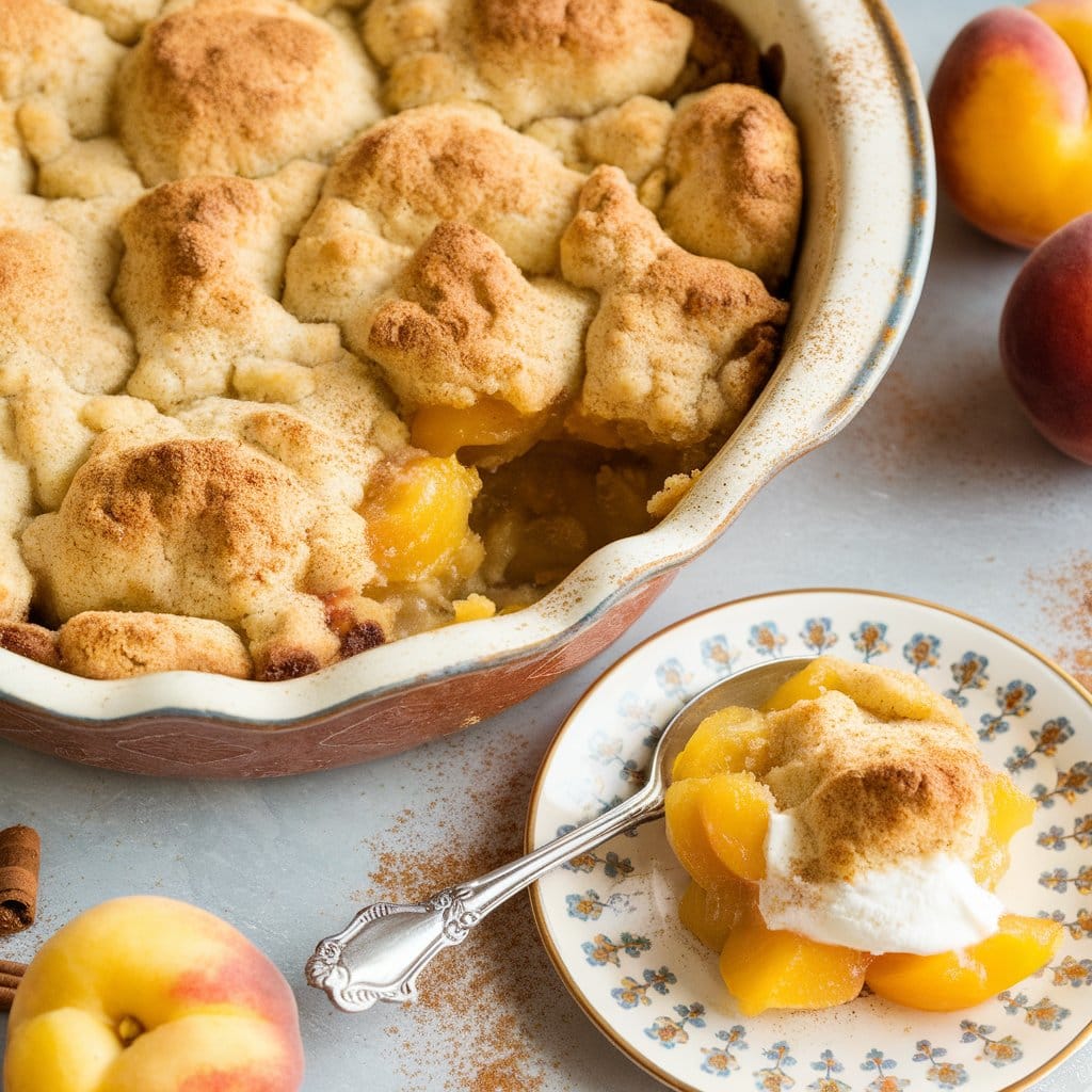 Freshly baked peach cobbler with golden crust, served in a rustic dish with fresh peaches and cinnamon nearby.