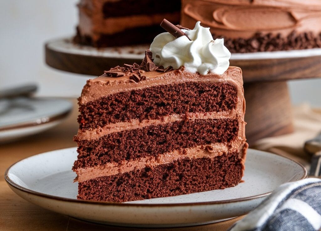 Slice of Grandma’s Devil Food Cake from Grandma’s Devil Food Cake Recipe, topped with chocolate frosting and whipped cream.