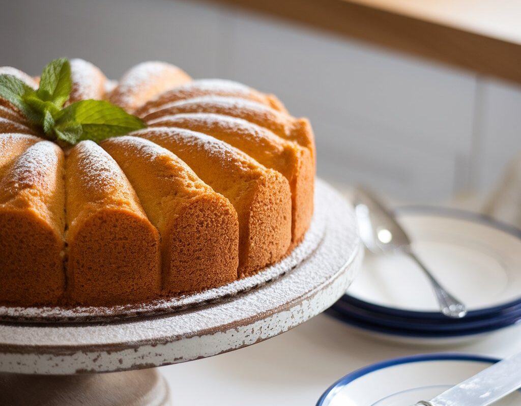 A golden crack cake on a white cake stand, glazed and garnished with powdered sugar and mint leaves.