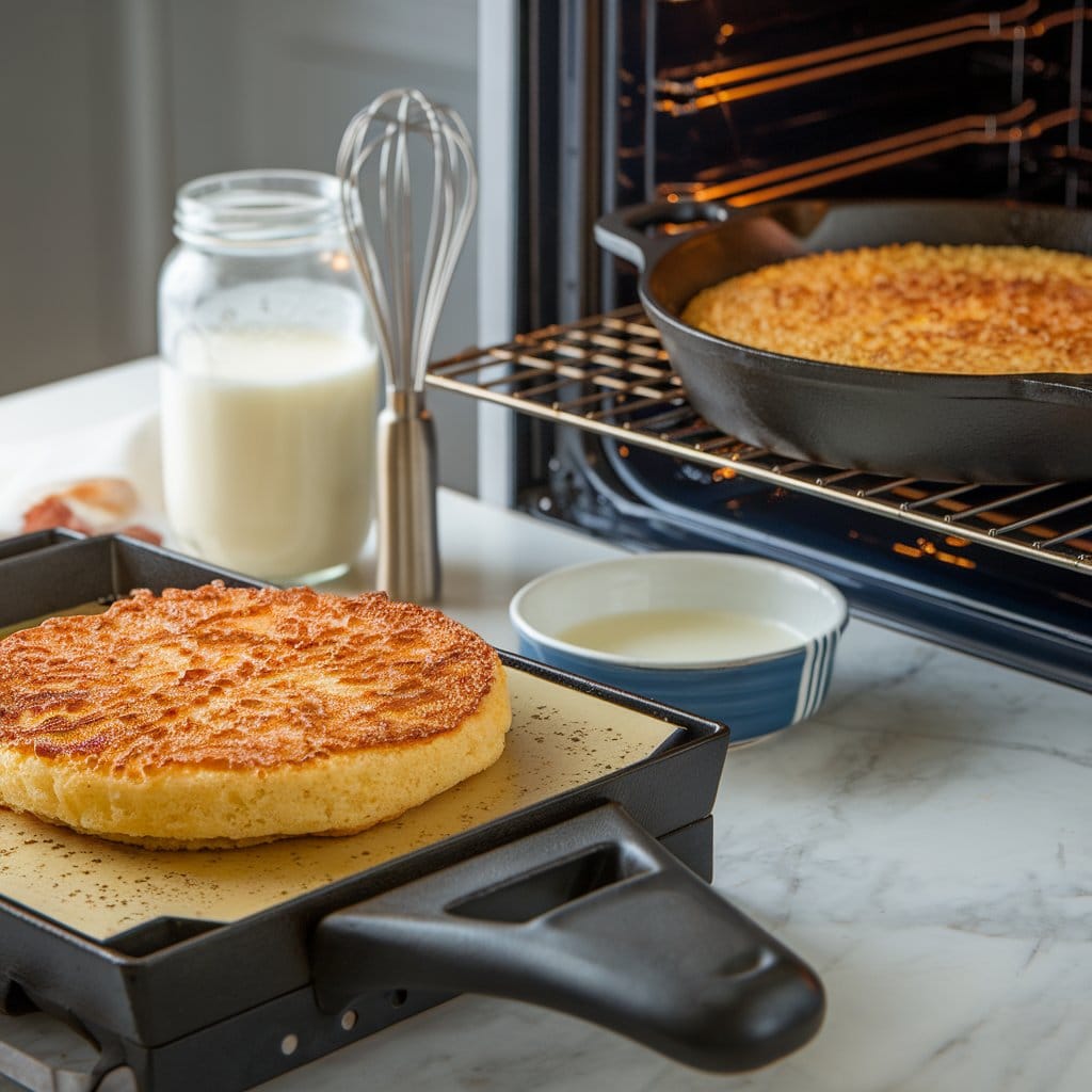A crispy hoe cake cooking on a griddle with corn pone baking in a cast iron skillet nearby.