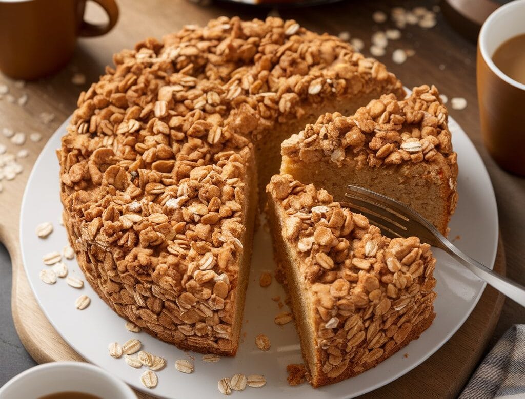 Freshly baked coffee cake with oatmeal streusel topping served on a white plate, with slices cut and coffee cups nearby.