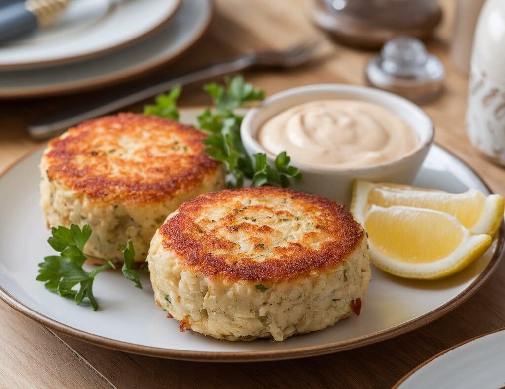 Golden gluten-free crab cakes on a white plate with parsley, lemon, and dipping sauce on a wooden table.