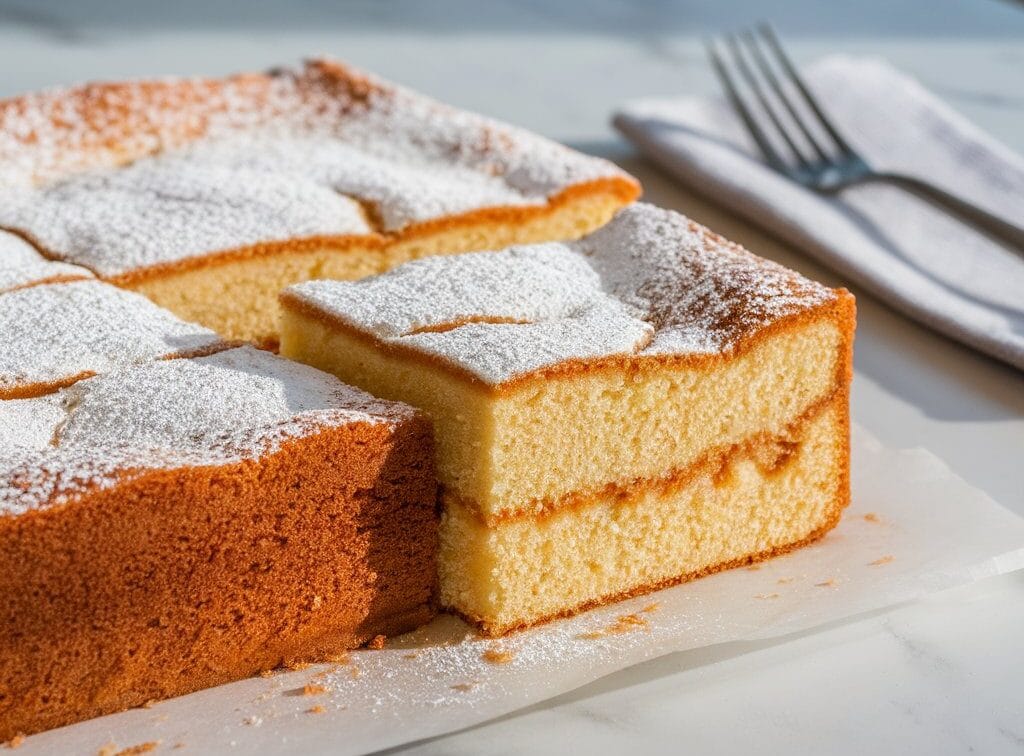 Freshly baked kefir sheet cake, golden-brown, sliced into squares, and dusted with powdered sugar for a delicious dessert.