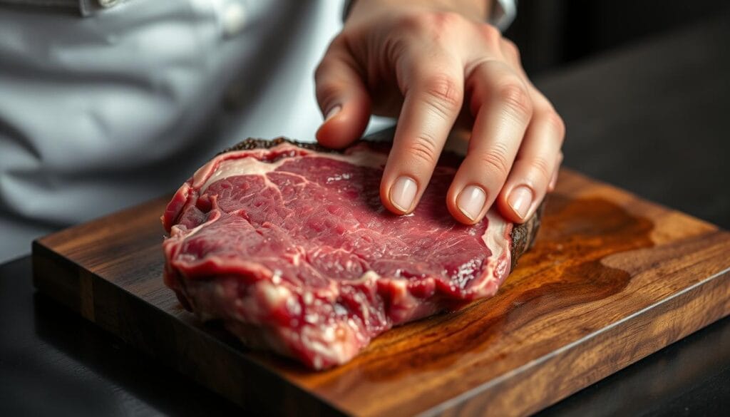 checking tenderness of beef cheeks