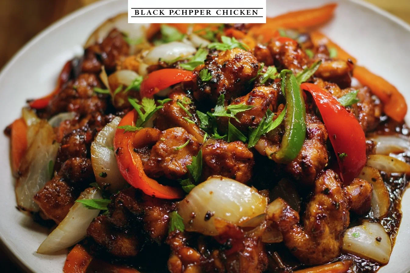 Delicious Black Pepper Chicken served on a plate with vegetables.