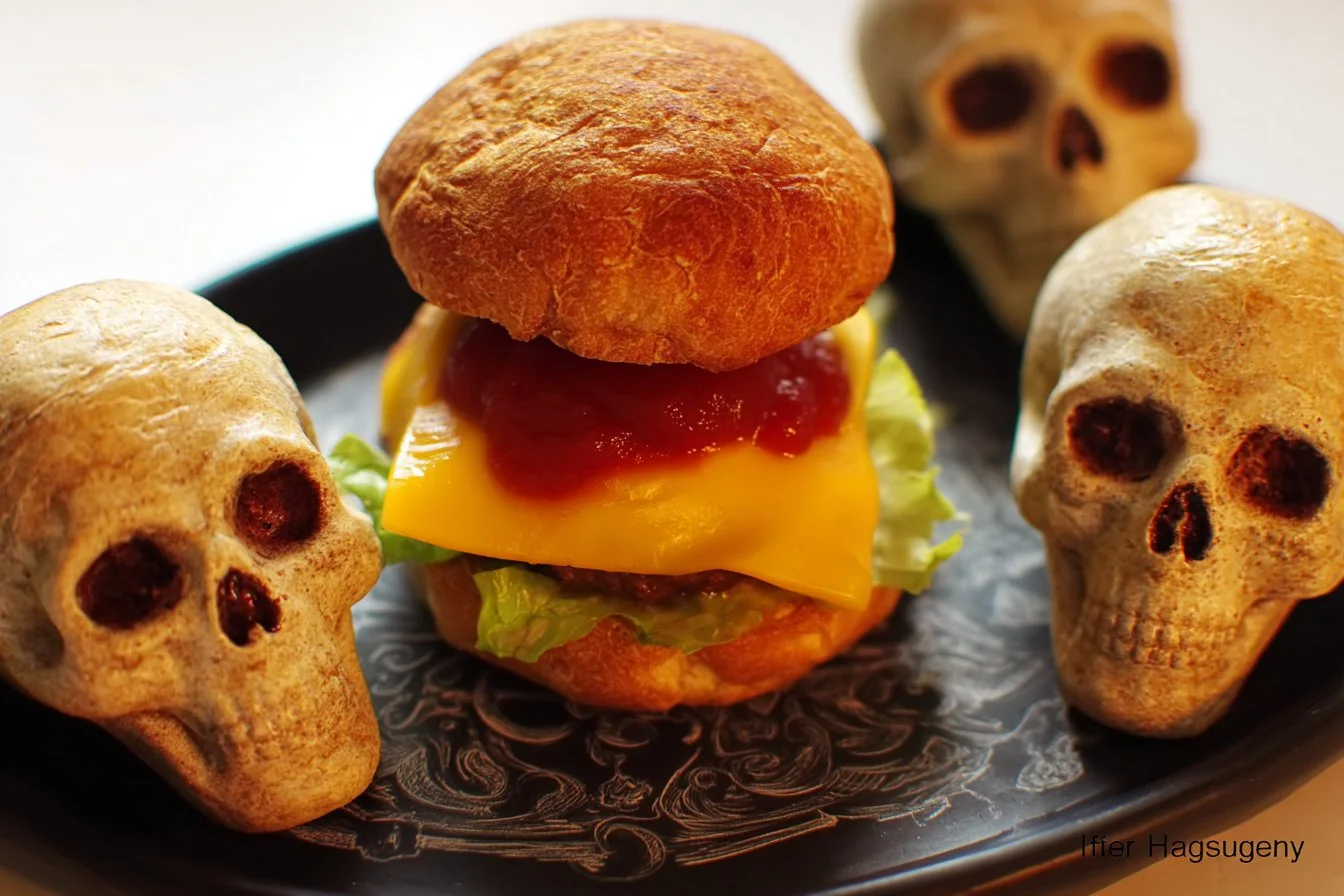 Cheeseburger Skulls ready to be served at a Halloween party
