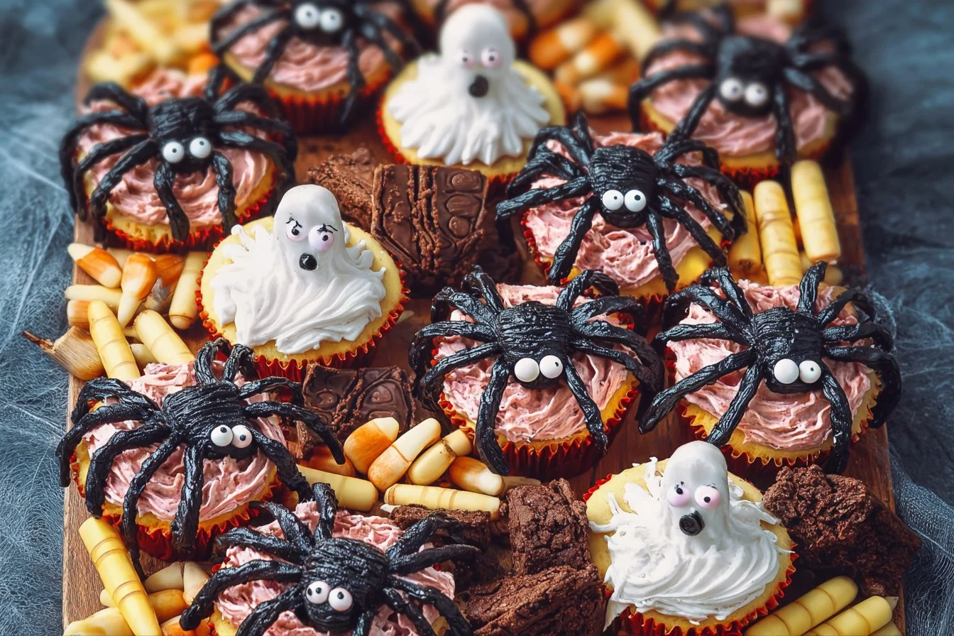 Spooky Creepy-Crawly Cupcakes decorated with edible insects for Halloween