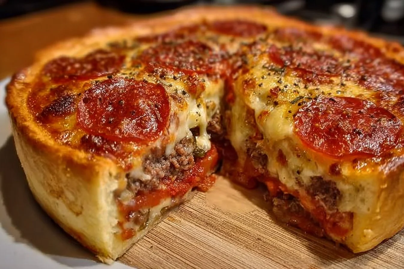 A slice of homemade deep-dish pizza topped with cheese and tomatoes