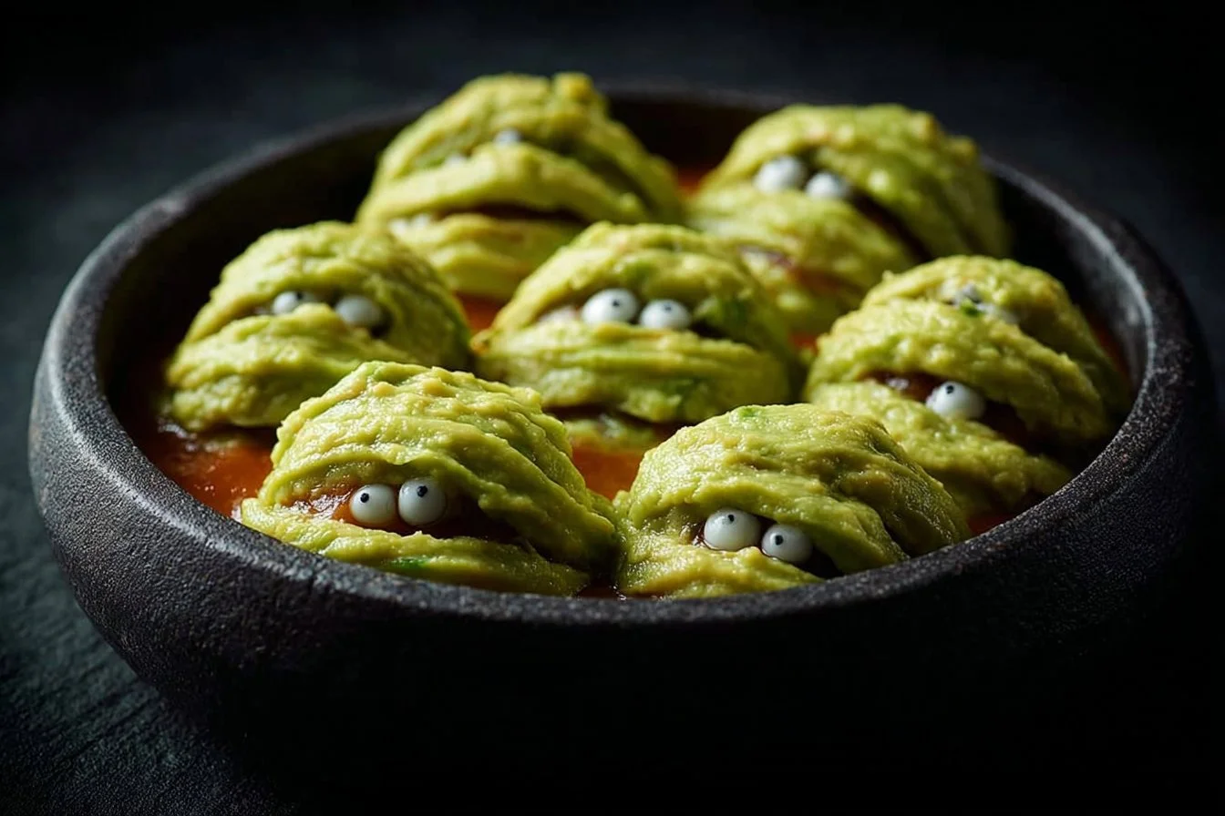Delicious ghostly guacamole with spooky decorations for Halloween
