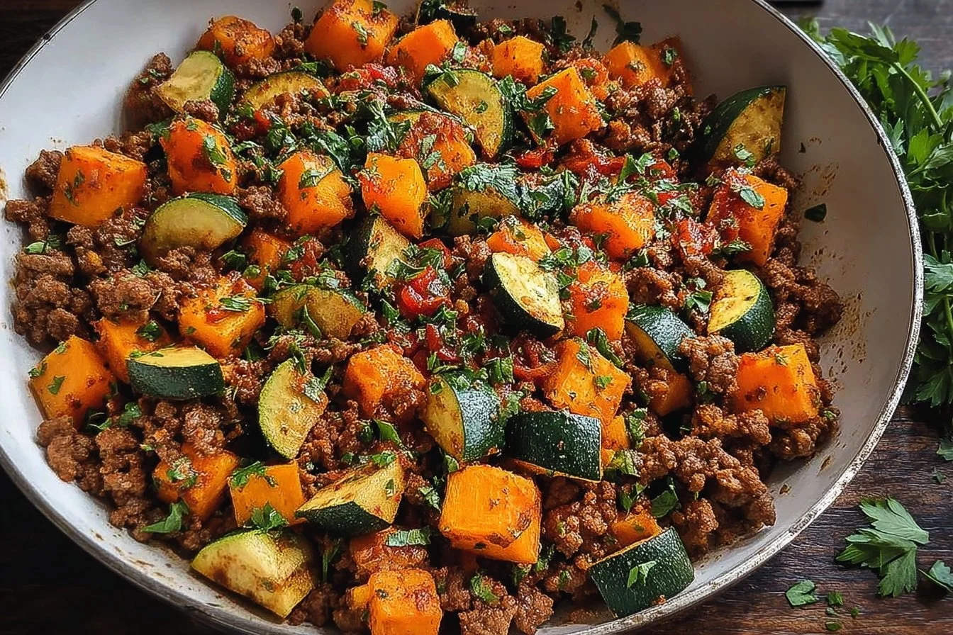 Ground beef zucchini and sweet potato skillet meal prep dish