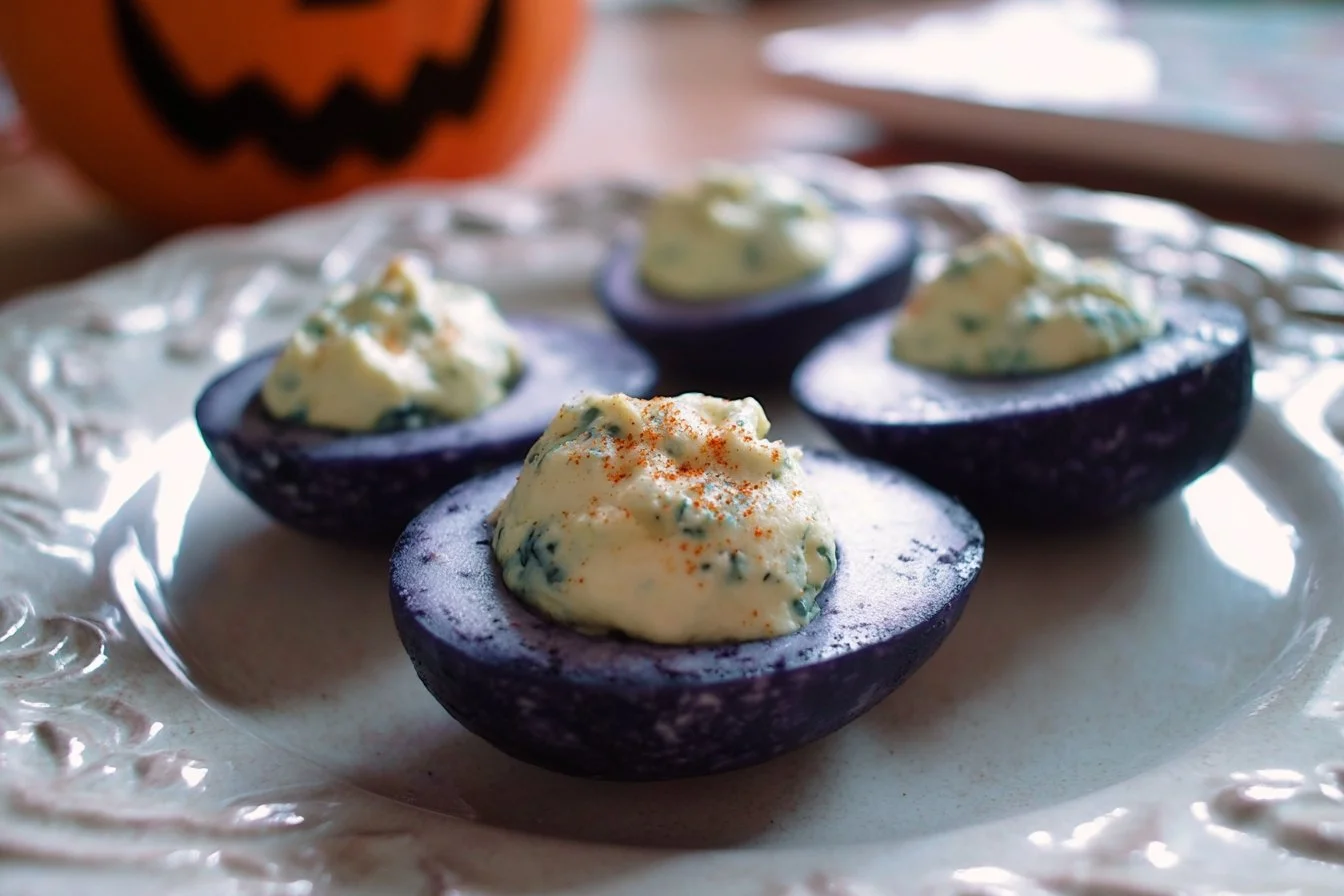 Halloween deviled eggs with spooky decorations for a festive celebration