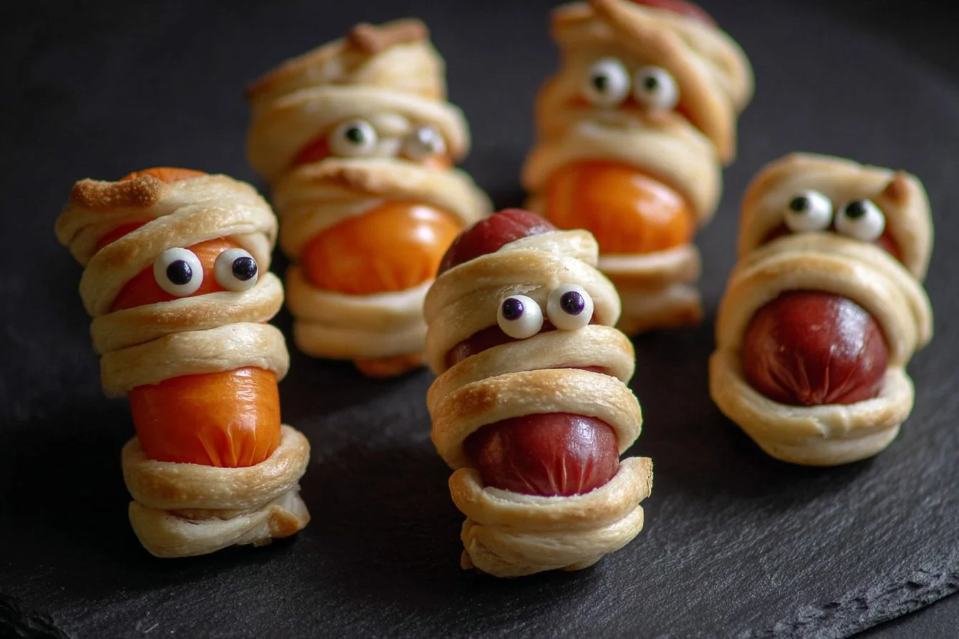Mummy Mini Hot Dogs wrapped in dough for a festive Halloween snack