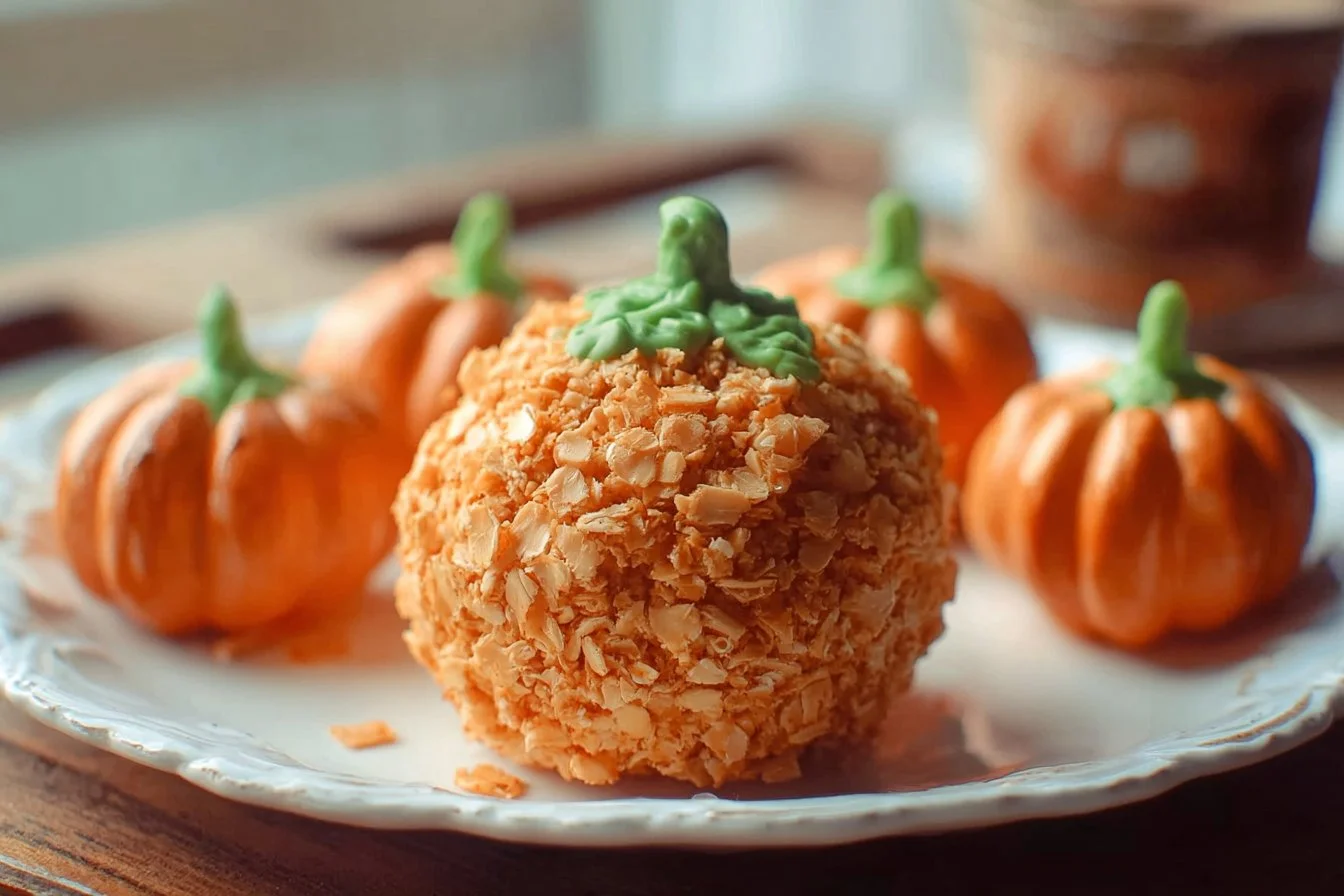 Close-up of a Pumpkin Cheese Ball decorated with herbs and spices