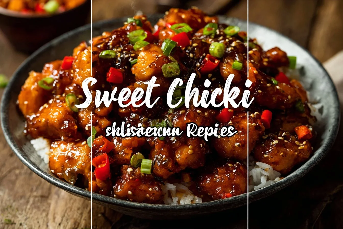 Delicious sweet chili chicken recipe garnished with green onions and sesame seeds.