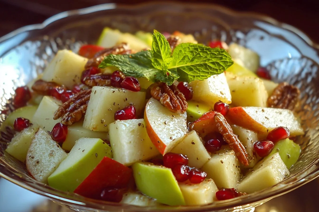 Fresh apple salad with greens, nuts, and dressing in a bowl