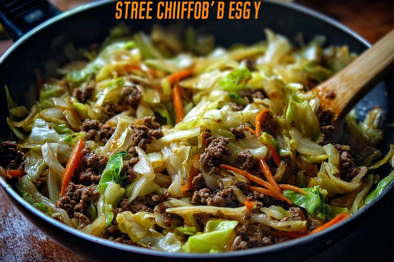 Chinese ground beef and cabbage stir-fry dish served in a bowl