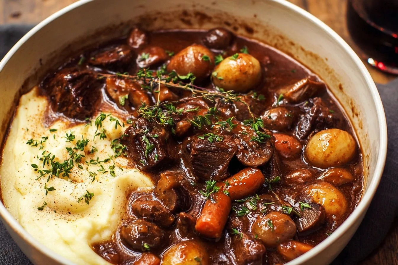 A delicious bowl of classic beef bourguignon with vegetables and herbs