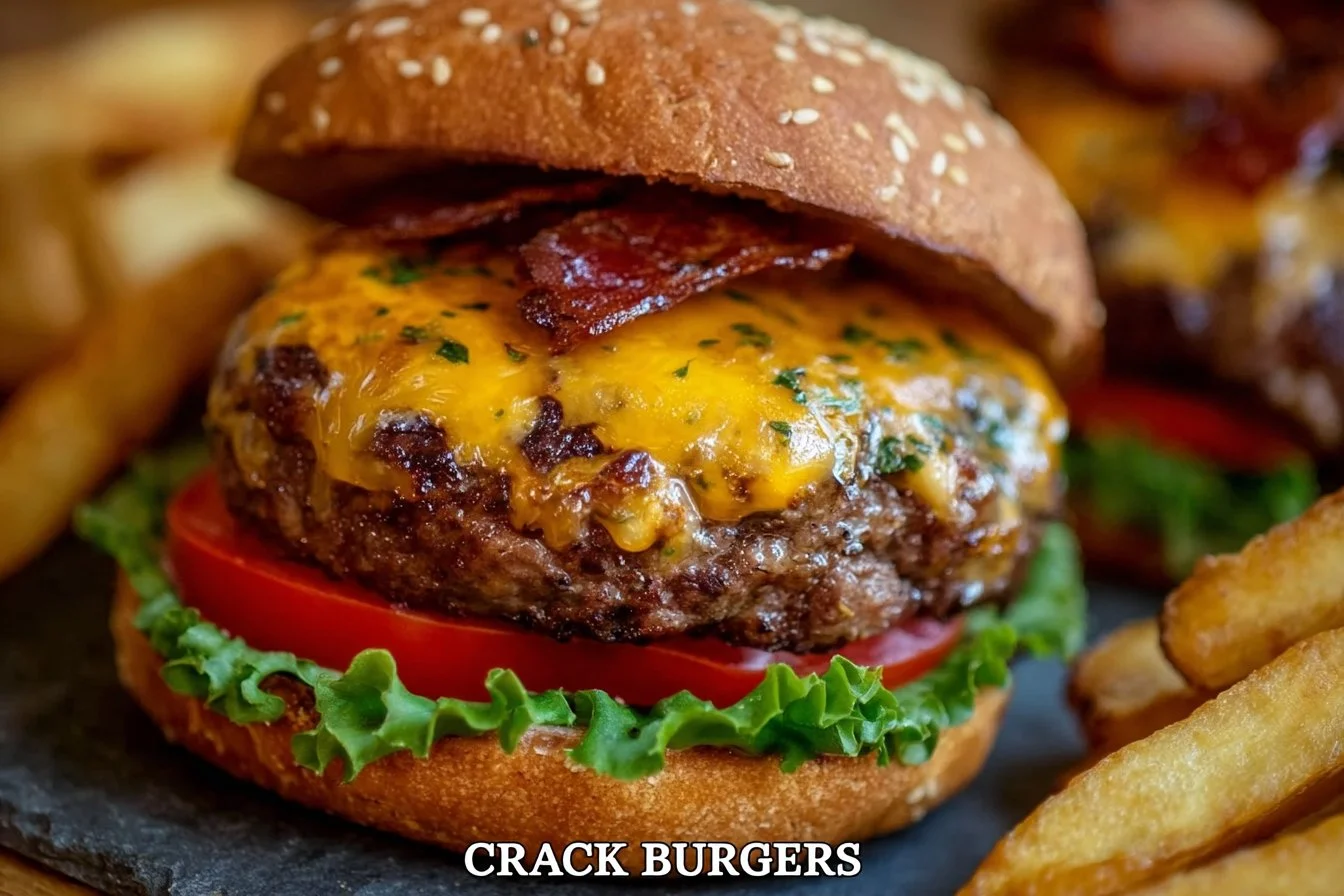 Delicious Crack Burgers ready to serve with fresh ingredients