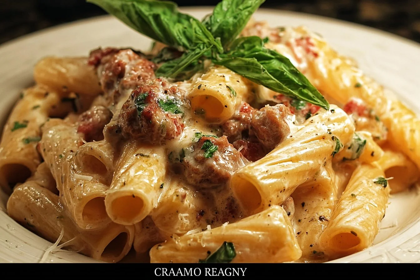 Creamy sausage rigatoni pasta dish with rich sauce and herbs