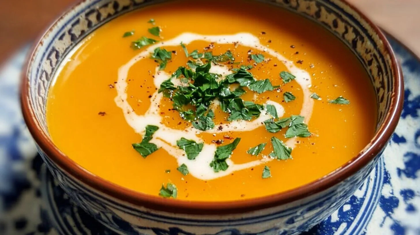 Bowl of easy butternut squash and sweet potato soup topped with herbs