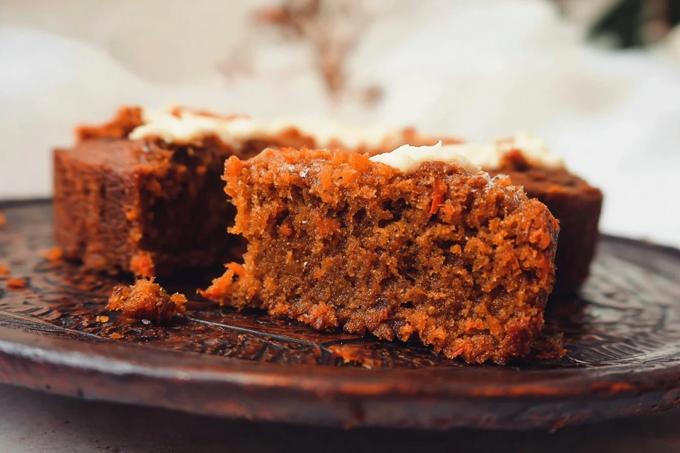 Slice of easy flourless oatmeal carrot cake with frosting on a plate