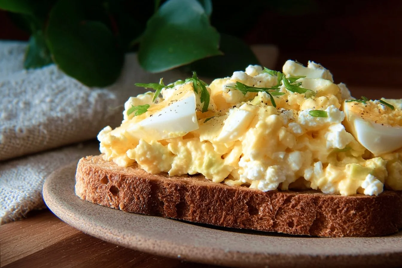 Healthy egg salad with cottage cheese, no mayo, served in a bowl.
