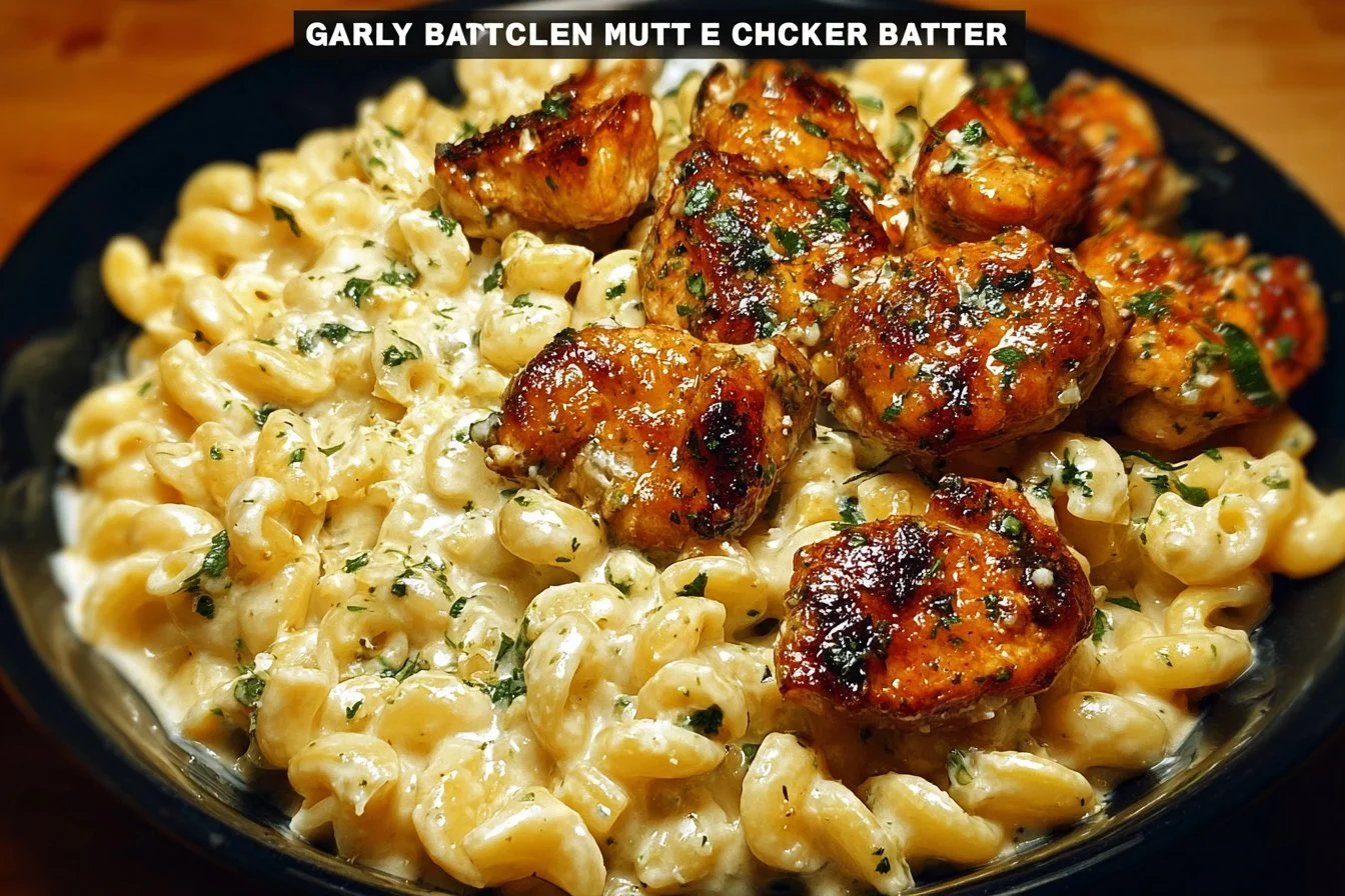 Garlic Butter Chicken Bites served with creamy Parmesan pasta