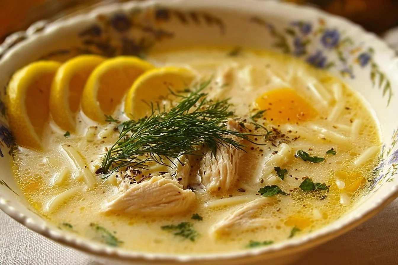 Bowl of Greek Lemon Chicken Soup garnished with fresh herbs and lemon slices