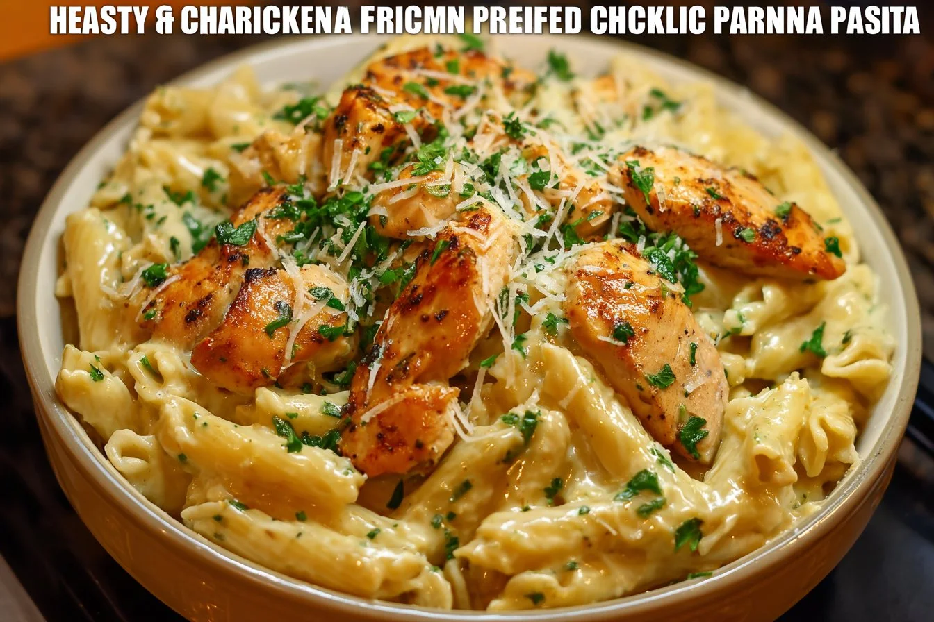 Healthy Garlic Parmesan Chicken Pasta served in a bowl with garnishes
