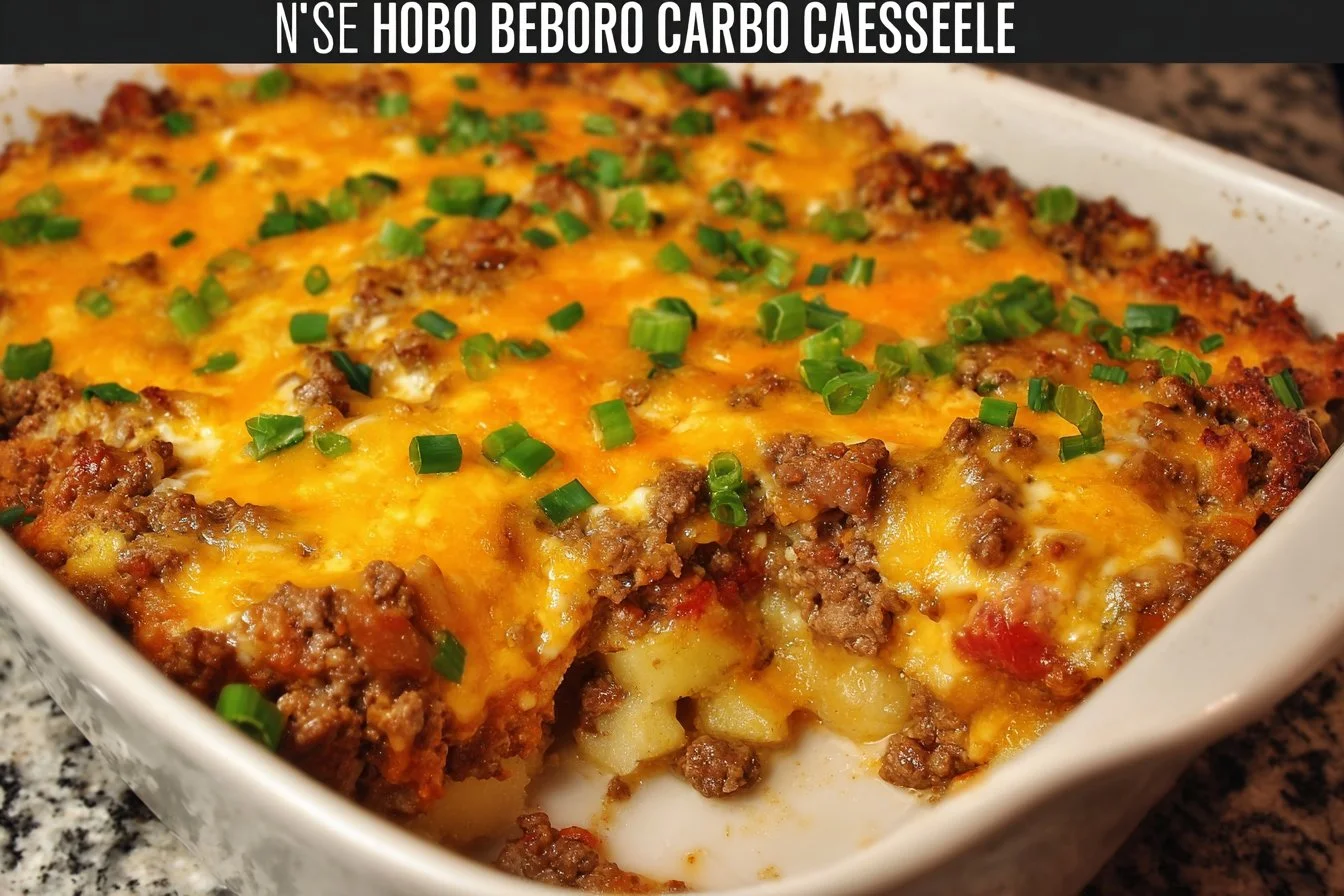 Hobo Casserole with ground beef, vegetables, and cheese in a baking dish.