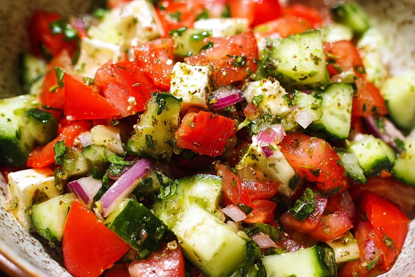 Colorful Mediterranean Salad with olives, tomatoes, cucumber, and feta cheese.