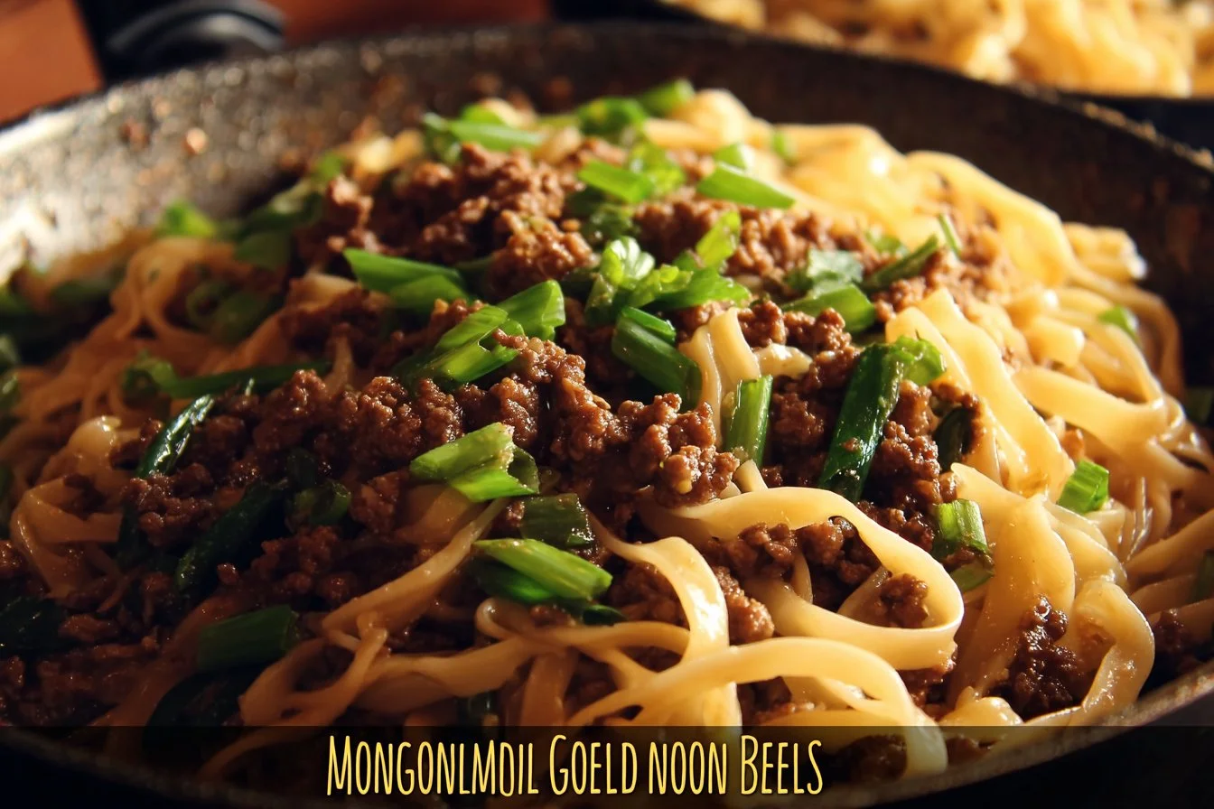 Delicious Mongolian Ground Beef Noodles served in a bowl.