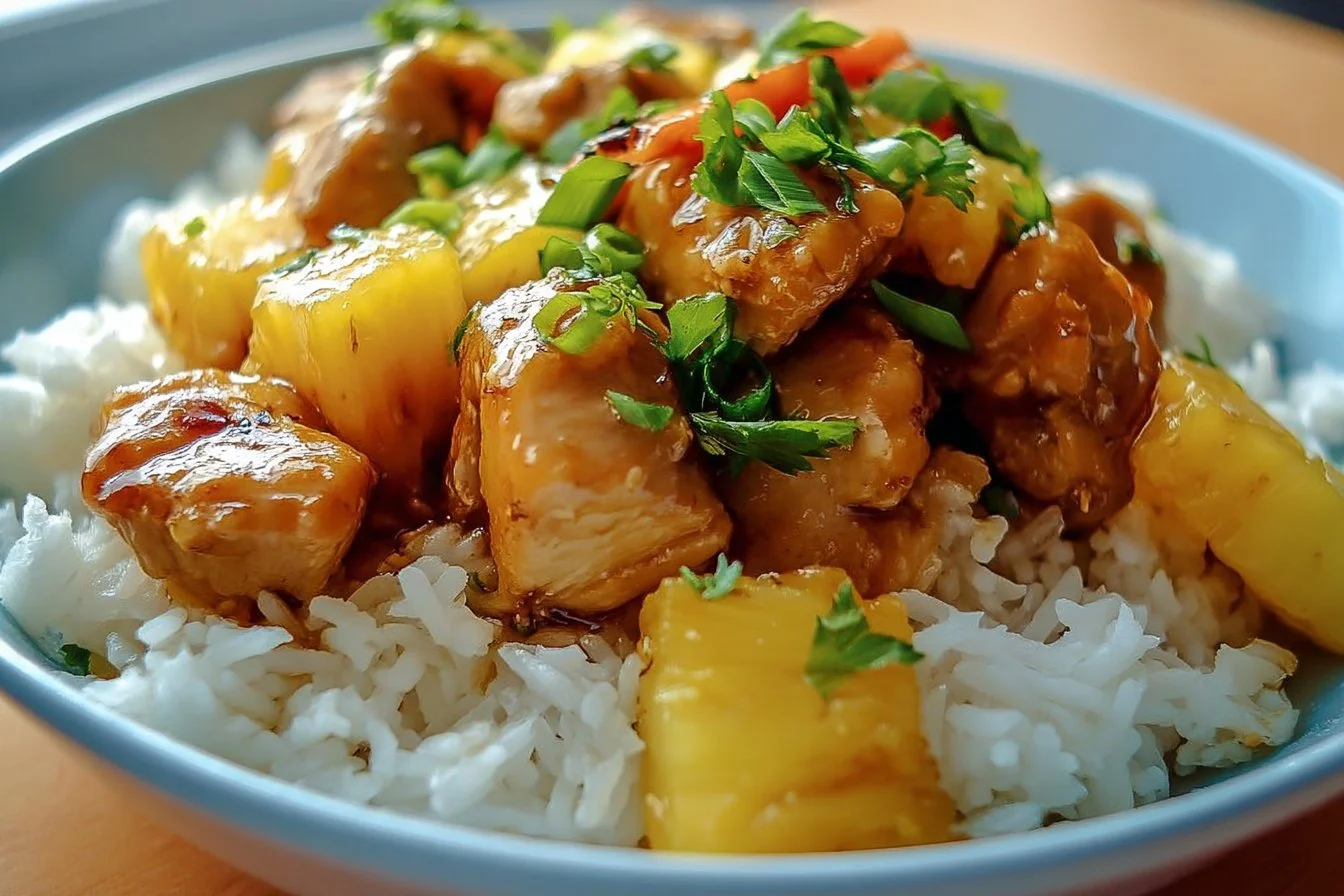 Delicious Pineapple Chicken with rice served in a beautiful dish