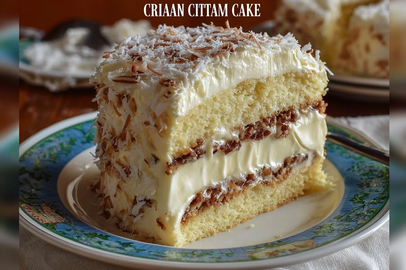 Quick Italian Cream Cake topped with creamy frosting and coconut