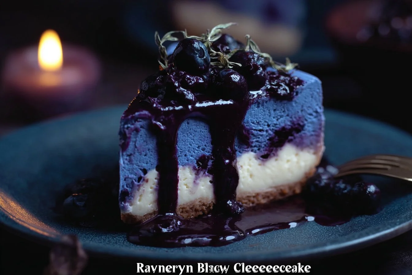 Ravenclaw Midnight Blueberry Cheesecake served with fresh blueberries