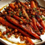 Delicious spicy maple roast carrots garnished with crispy chickpeas and yogurt sauce