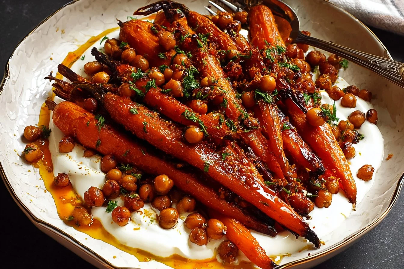 Delicious spicy maple roast carrots garnished with crispy chickpeas and yogurt sauce