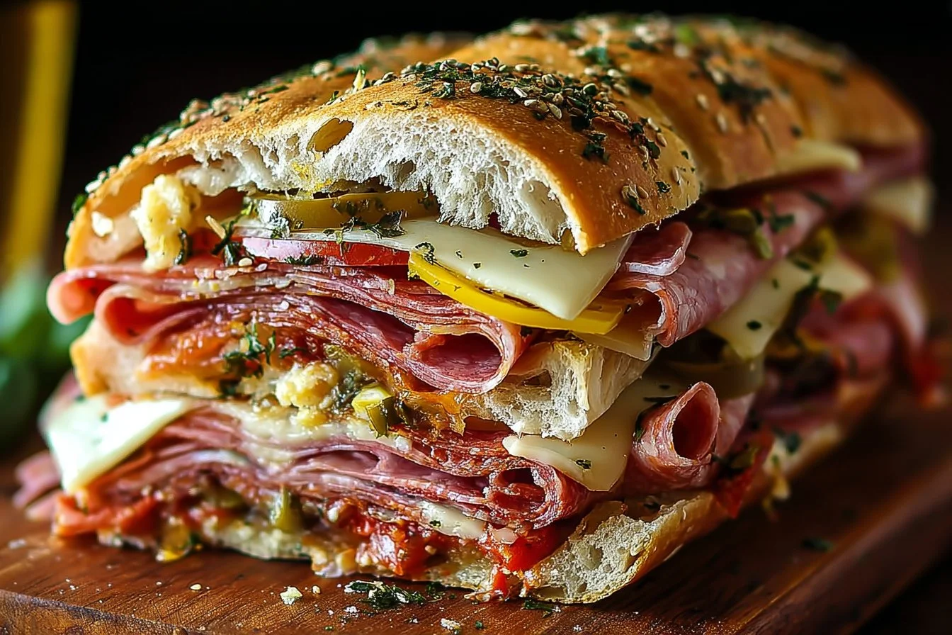 Classic Italian Muffuletta Sandwich with meats, cheeses, and olive salad
